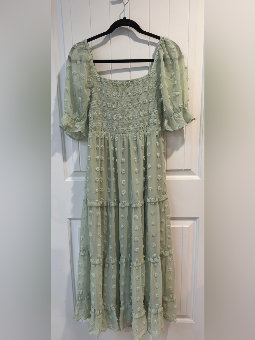 R.YIPOSHA Mint Green Swiss Dot Tiered Maxi Dress Smocked Bodice Square Neck Sz 4